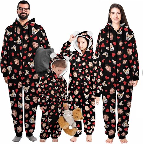 Custom Onesies Family Pajamas with Face Photo Personalized Matching One Piece Hooded Pajama for Adult Women Men in Saudi Arabia