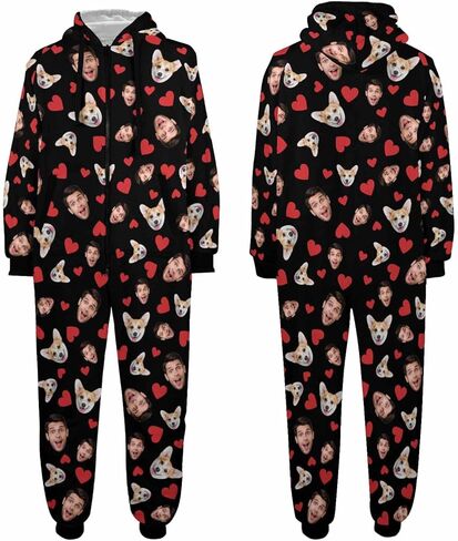 Custom Onesies Family Pajamas with Face Photo Personalized Matching One Piece Hooded Pajama for Adult Women Men in Saudi Arabia