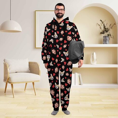 Custom Onesies Family Pajamas with Face Photo Personalized Matching One Piece Hooded Pajama for Adult Women Men in Saudi Arabia