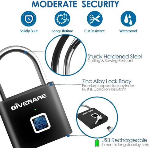 Fingerprint Smart Padlock, Biometric Metal Keyless Thumbprint Lock Alloy, USB Rechargeable, Quick Unlock Waterproof Rustproof Locks for Warehouses, Gym, Homes, Office, School Locker, Luggage-Black in Saudi Arabia