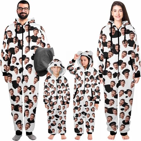 Custom Onesies Family Pajamas with Face Photo Personalized Matching One Piece Hooded Pajama for Adult Women Men in Saudi Arabia