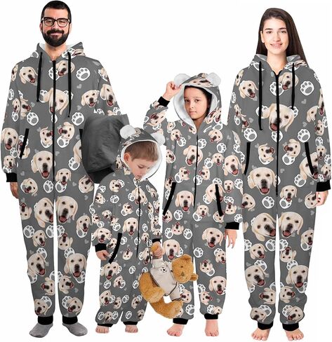 Custom Onesies Family Pajamas with Face Photo Personalized Matching One Piece Hooded Pajama for Adult Women Men in Saudi Arabia