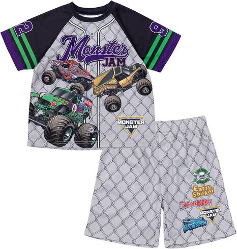 Monster Jam Athletic Mesh Baseball Jersey T-Shirt and Shorts Outfit Set Toddler to Big Kid Grave Digger Megalodon Digatron in Saudi Arabia