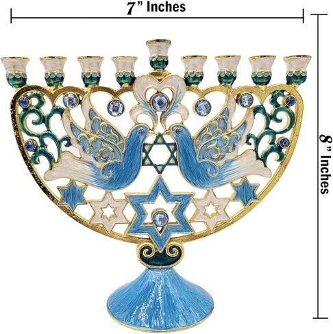 The Dreidel Company Hanukkah Large 12-Inch Tall Menorah Hand Painted Enamel, Star of David Magen David & Blue Bird Design, Hand-Painted Enameled Metal in Saudi Arabia