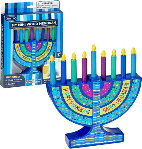 Rite Lite My Mini Wood Menorah مع شموع خشبية قابلة للإزالة - شمعدان Chanukah الملون للأطفال هدايا Hanukkah ديكورات مركزية، ديكور هدايا حفلات العطلات اليهودية، مهرجان الأضواء 5.75 بوصة ارتفاع in Kuwait