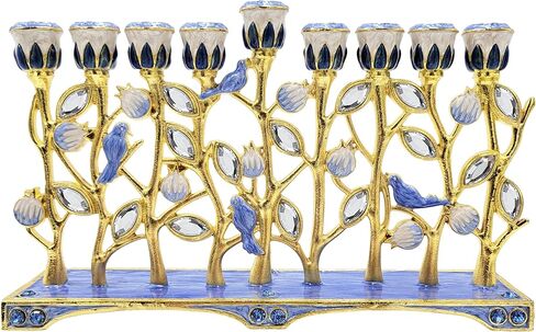 تصميم شركة Dreidel Hanukkah Menorah Enamel Pomegranate & Blue Bird، معدن مطلي بالمينا يدويًا، يبلغ مقاس هذه الشمعدان المزخرف ذو 9 فروع 30.48 سم ارتفاعًا × 25.4 سم عرضًا. in Kuwait