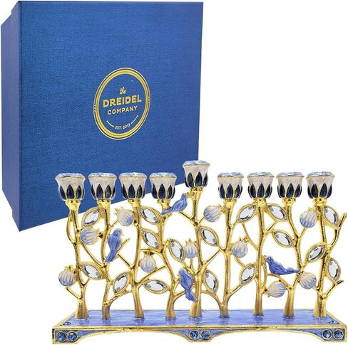 تصميم شركة Dreidel Hanukkah Menorah Enamel Pomegranate & Blue Bird، معدن مطلي بالمينا يدويًا، يبلغ مقاس هذه الشمعدان المزخرف ذو 9 فروع 30.48 سم ارتفاعًا × 25.4 سم عرضًا. in Kuwait