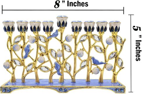 تصميم شركة Dreidel Hanukkah Menorah Enamel Pomegranate & Blue Bird، معدن مطلي بالمينا يدويًا، يبلغ مقاس هذه الشمعدان المزخرف ذو 9 فروع 30.48 سم ارتفاعًا × 25.4 سم عرضًا. in Kuwait