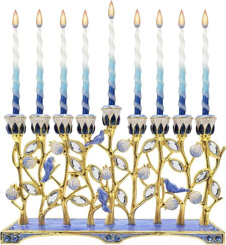 تصميم شركة Dreidel Hanukkah Menorah Enamel Pomegranate & Blue Bird، معدن مطلي بالمينا يدويًا، يبلغ مقاس هذه الشمعدان المزخرف ذو 9 فروع 30.48 سم ارتفاعًا × 25.4 سم عرضًا. in Kuwait