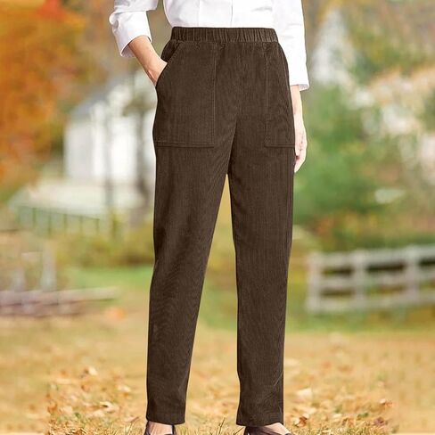 Womens Corduroy Pants Vintage Elastic High Waist Straight Leg Slacks Comfy Casual Trousers with Pocket in Saudi Arabia
