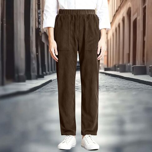 Womens Corduroy Pants Vintage Elastic High Waist Straight Leg Slacks Comfy Casual Trousers with Pocket in Saudi Arabia