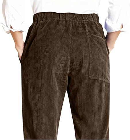 Womens Corduroy Pants Vintage Elastic High Waist Straight Leg Slacks Comfy Casual Trousers with Pocket in Saudi Arabia
