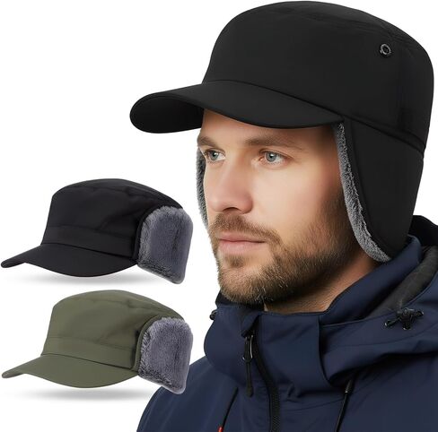 2 Pcs Men's Waterproof Winter Hat with Visor Warm Earflaps Winter Trapper Hat Fully Lined Faux Fur Baseball Cap in Saudi Arabia