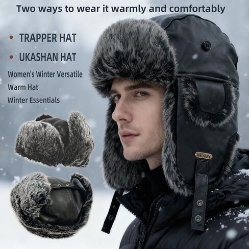 قبعة الصياد الجلدية الشتوية مع اللوحات الأذن فو الفراء الروسية Ushanka الطيار قبعة دافئة الصيد قبعات التزلج للرجال والنساء in Kuwait