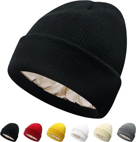 PFFY Satin Lined Beanie for Women Silk Lining Soft Winter Hats Reduce Frizz Knit Beanies Warm Skull Cap in Saudi Arabia