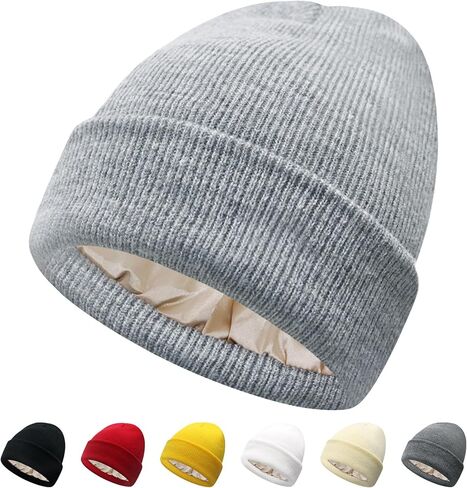 PFFY Satin Lined Beanie for Women Silk Lining Soft Winter Hats Reduce Frizz Knit Beanies Warm Skull Cap in Saudi Arabia