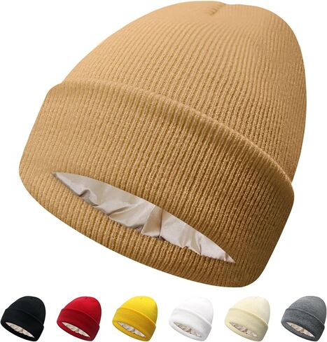 PFFY Satin Lined Beanie for Women Silk Lining Soft Winter Hats Reduce Frizz Knit Beanies Warm Skull Cap in Saudi Arabia