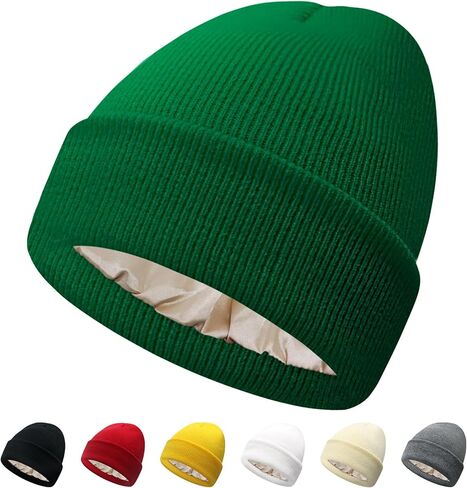 PFFY Satin Lined Beanie for Women Silk Lining Soft Winter Hats Reduce Frizz Knit Beanies Warm Skull Cap in Saudi Arabia
