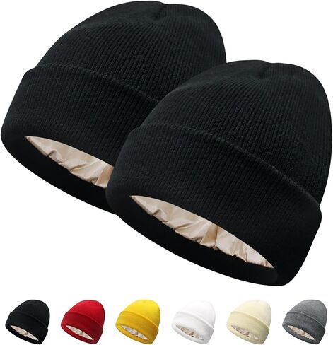 PFFY Satin Lined Beanie for Women Silk Lining Soft Winter Hats Reduce Frizz Knit Beanies Warm Skull Cap in Saudi Arabia