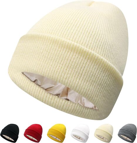 PFFY Satin Lined Beanie for Women Silk Lining Soft Winter Hats Reduce Frizz Knit Beanies Warm Skull Cap in Kuwait