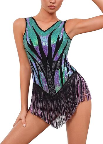 IBAKOM Women Sexy Fringe Bodysuit Open Back Sparkly Sequins Tassel Latin Jazz Dance Outfits Trapeze Acrobat Circus Costume in Saudi Arabia