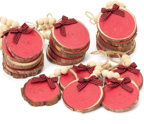 36 Pcs Wooden Christmas Ornament 2.8 to 3.2 Inch Craft Wood Kit Natural Wood Slices with Natural Beads Round Wood Beads and Black and White Bow for Arts and Crafts Christmas Ornaments (Classic Style) in Saudi Arabia