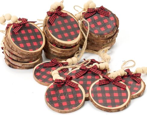 36 Pcs Wooden Christmas Ornament 2.8 to 3.2 Inch Craft Wood Kit Natural Wood Slices with Natural Beads Round Wood Beads and Black and White Bow for Arts and Crafts Christmas Ornaments (Classic Style) in Saudi Arabia