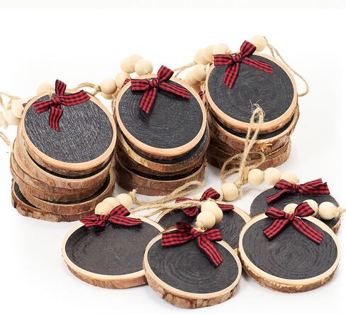 36 Pcs Wooden Christmas Ornament 2.8 to 3.2 Inch Craft Wood Kit Natural Wood Slices with Natural Beads Round Wood Beads and Black and White Bow for Arts and Crafts Christmas Ornaments (Classic Style) in Saudi Arabia