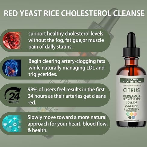 velora Red Yeast Rice Cholesterol Cleans Drops with Citrus, Bergamot, Red Yeast Rice, Soursop, Olive Leaf, Vitamin B+C, Natural, Non-GMO, Vegan 2 fl oz (1pc) in Saudi Arabia