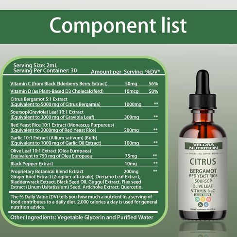 velora Red Yeast Rice Cholesterol Cleans Drops with Citrus, Bergamot, Red Yeast Rice, Soursop, Olive Leaf, Vitamin B+C, Natural, Non-GMO, Vegan 2 fl oz (1pc) in Saudi Arabia