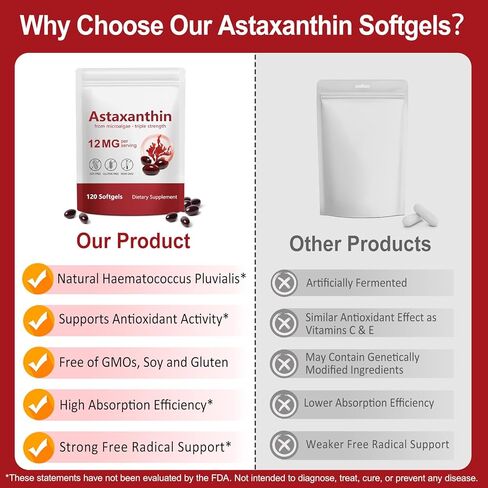 Astaxanthin Supplements 12mg, Premium Astaxanthin Antioxidant Supplements, Support Eye, Brain, Joint, Skin Health, 4 Month Supply, 120 Softgels, Easy to Swallow, Non-GMO in Saudi Arabia