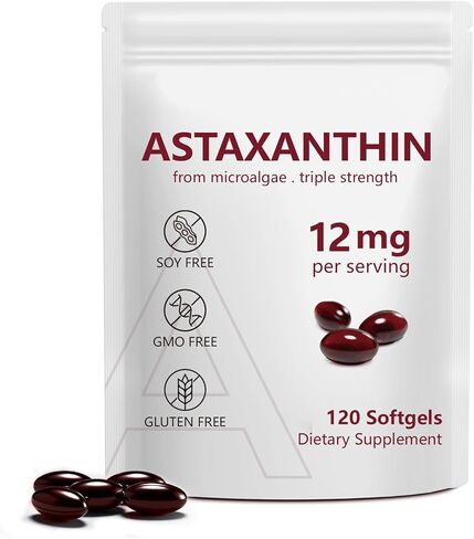 Astaxanthin 12mg,Premium Astaxanthin Antioxidant Supplements,Fresh Microalgae Source,Antioxidant Supplements for Skin, Eyes,Immune Support,Non-GMO Verified & Gluten Free - 120 Softgels in Saudi Arabia