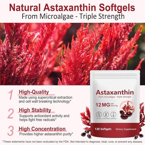 Astaxanthin 12mg,Premium Astaxanthin Antioxidant Supplements,Fresh Microalgae Source,Antioxidant Supplements for Skin, Eyes,Immune Support,Non-GMO Verified & Gluten Free - 120 Softgels in Saudi Arabia