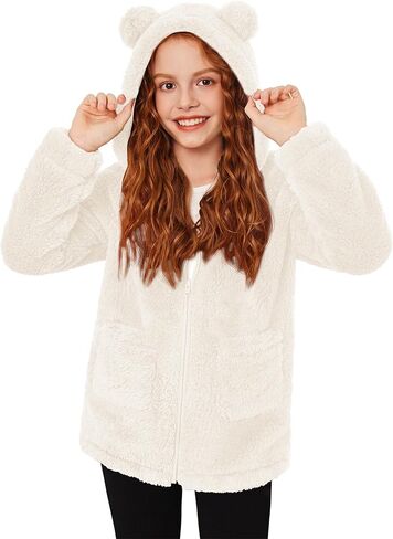 Arshiner Girls Fleece Jacket Kids Zip Up Fall Winter Fuzzy Sherpa Outwear Coat with Pockets in Kuwait