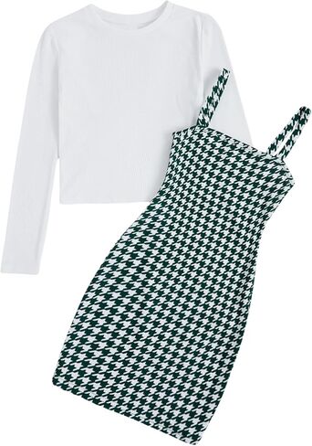 Girl's 2 Piece Outfit Plaid Spaghetti Strap Cami Dress and Long Sleeve Top Tee Sets in Saudi Arabia