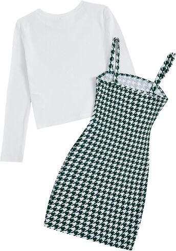 Girl's 2 Piece Outfit Plaid Spaghetti Strap Cami Dress and Long Sleeve Top Tee Sets in Saudi Arabia