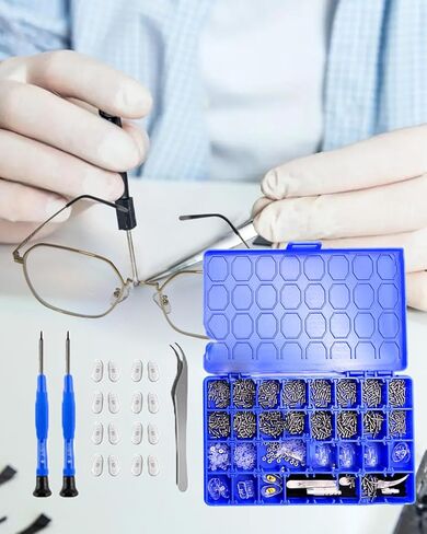 مجموعة إصلاح النظارات الزرقاء مكونة من 1000 قطعة - علبة إصلاح النظارات مكونة من 32 فتحة مع براغي للأب، ومنصات الأنف، والمفكات، وأدوات النظارات والنظارات الشمسية in Saudi Arabia
