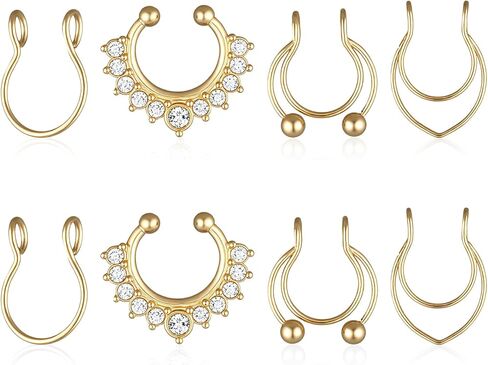 Fake Nose Ring, 8 Pcs Stainless Steel Fake Septum Piercing Faux Septum Rings Faux Clip on Nose Ring for Women Men Non Piercing Nose Jewelry (Gold) in Saudi Arabia