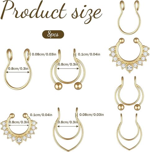 Fake Nose Ring, 8 Pcs Stainless Steel Fake Septum Piercing Faux Septum Rings Faux Clip on Nose Ring for Women Men Non Piercing Nose Jewelry (Gold) in Saudi Arabia