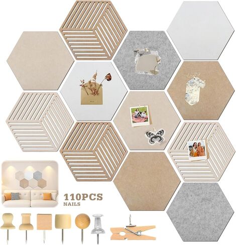 Hexagon Cork Board 12pcs with 110 Push Pins,Bulletin Board Decorative for Tiles Walls Office Room Decor Felt Vision CorkBoards for Home Pictures Photos Notes 12'' Hex in Saudi Arabia