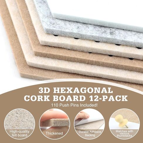 Hexagon Cork Board 12pcs with 110 Push Pins,Bulletin Board Decorative for Tiles Walls Office Room Decor Felt Vision CorkBoards for Home Pictures Photos Notes 12'' Hex in Saudi Arabia