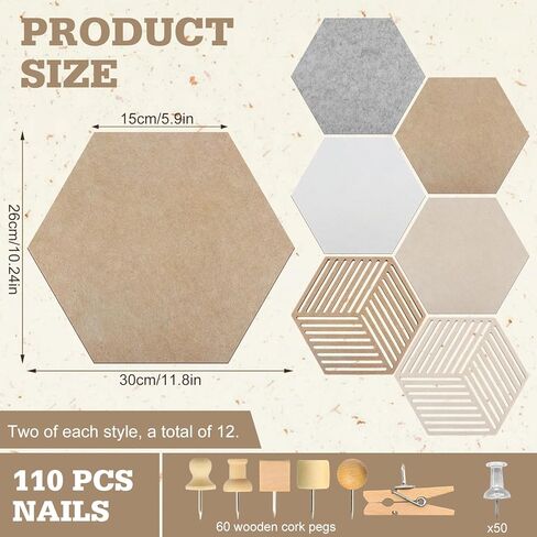 Hexagon Cork Board 12pcs with 110 Push Pins,Bulletin Board Decorative for Tiles Walls Office Room Decor Felt Vision CorkBoards for Home Pictures Photos Notes 12'' Hex in Saudi Arabia