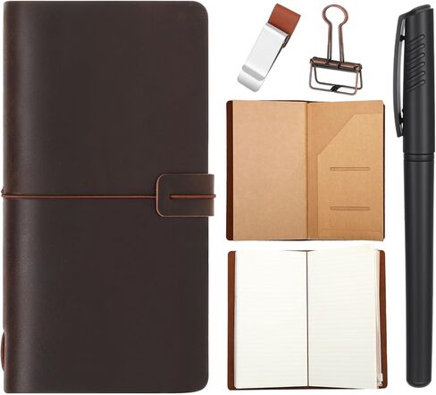 Thenshop Travelers Refillable Leather Journal Notebook 5.3 x 4.1 Inch Brown Travel Diary Handmade Passport Travelers Journal for Men and Women with 3 Notebook Inserts, Pen Holder, Binder Clip in Saudi Arabia