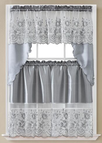 GLORY RUGS 3pc Kitchen Curtain Solid White Valance Set 1 Swag Valance and 2 Tiers 2 Tiers Width 29"x 34" Each and The Valance Length 58"x34" in Kuwait