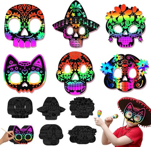 Soulchen 30 مجموعة من أقنعة الخدش ليوم الموتى Dia De Los Muertos قناع جمجمة للخدش مع حبال مرنة DIY مجموعة يدوية للمكسيكيين الكل في واحد ديكورات حفلات الهالوين المنزلية in Kuwait