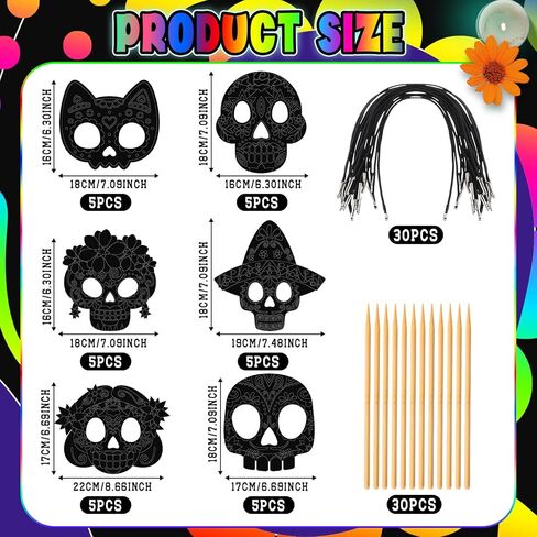 Soulchen 30 مجموعة من أقنعة الخدش ليوم الموتى Dia De Los Muertos قناع جمجمة للخدش مع حبال مرنة DIY مجموعة يدوية للمكسيكيين الكل في واحد ديكورات حفلات الهالوين المنزلية in Kuwait
