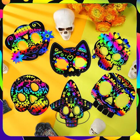 Soulchen 30 مجموعة من أقنعة الخدش ليوم الموتى Dia De Los Muertos قناع جمجمة للخدش مع حبال مرنة DIY مجموعة يدوية للمكسيكيين الكل في واحد ديكورات حفلات الهالوين المنزلية in Kuwait