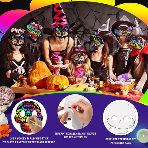 Soulchen 30 مجموعة من أقنعة الخدش ليوم الموتى Dia De Los Muertos قناع جمجمة للخدش مع حبال مرنة DIY مجموعة يدوية للمكسيكيين الكل في واحد ديكورات حفلات الهالوين المنزلية in Kuwait