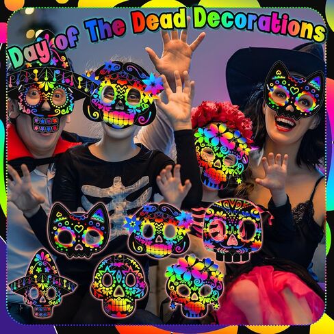 Soulchen 30 مجموعة من أقنعة الخدش ليوم الموتى Dia De Los Muertos قناع جمجمة للخدش مع حبال مرنة DIY مجموعة يدوية للمكسيكيين الكل في واحد ديكورات حفلات الهالوين المنزلية in Kuwait