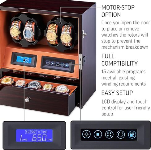 4 Watch Winder with 5 Watch Storage Space, LCD Display, Touch Control and Interior Light in Saudi Arabia